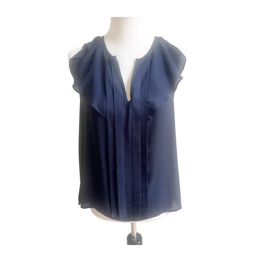 Maeve Ruffle Blouse Top Womens Size 10 Navy Pleated Sleeveless Classic Elegant